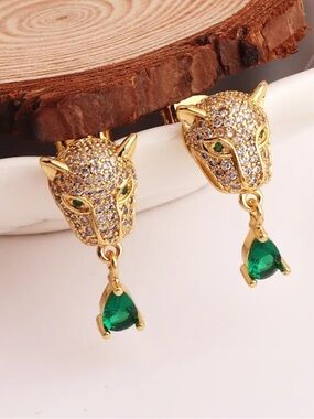 Anthropologie Gold Panther Head Earrings with Green Teardrops